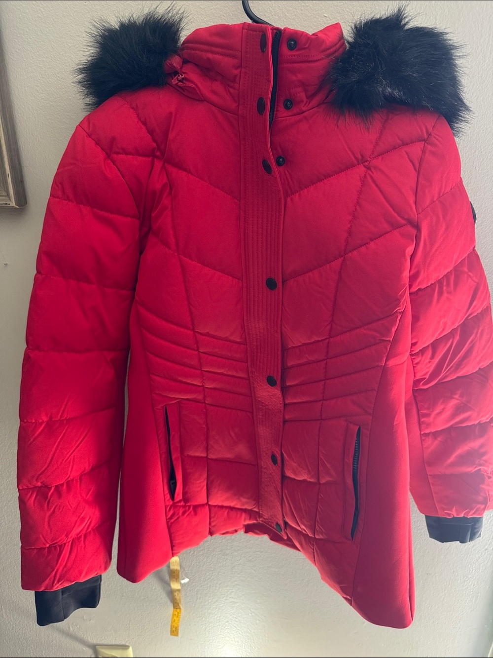 Michael Kors Red Quilted Hooded Puffer Jacket with Faux-Fur Trim